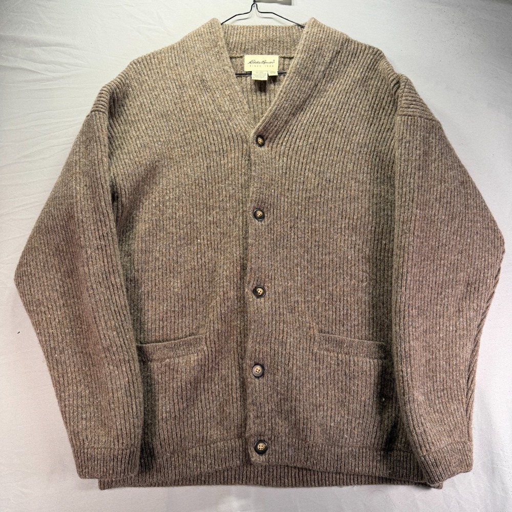 Eddie Bauer Wool Cardigan Womens Large Brown Fuzzy Cabin Core Knit Ribbed